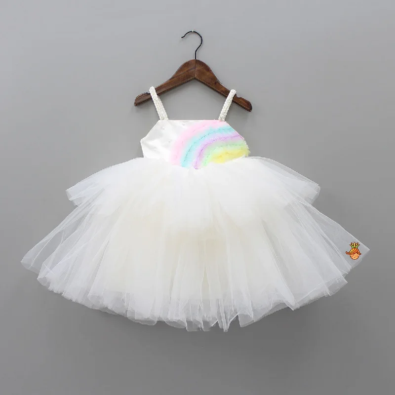 cocktail dress with high-low silhouette-Rainbow and Pearl Detailed White Party Dress