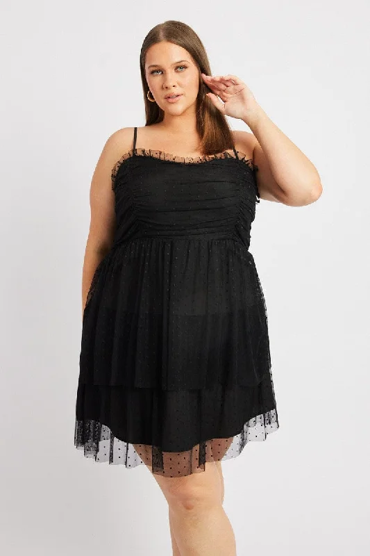 cocktail dress with crystals-Black Tulle Frill Party Dress