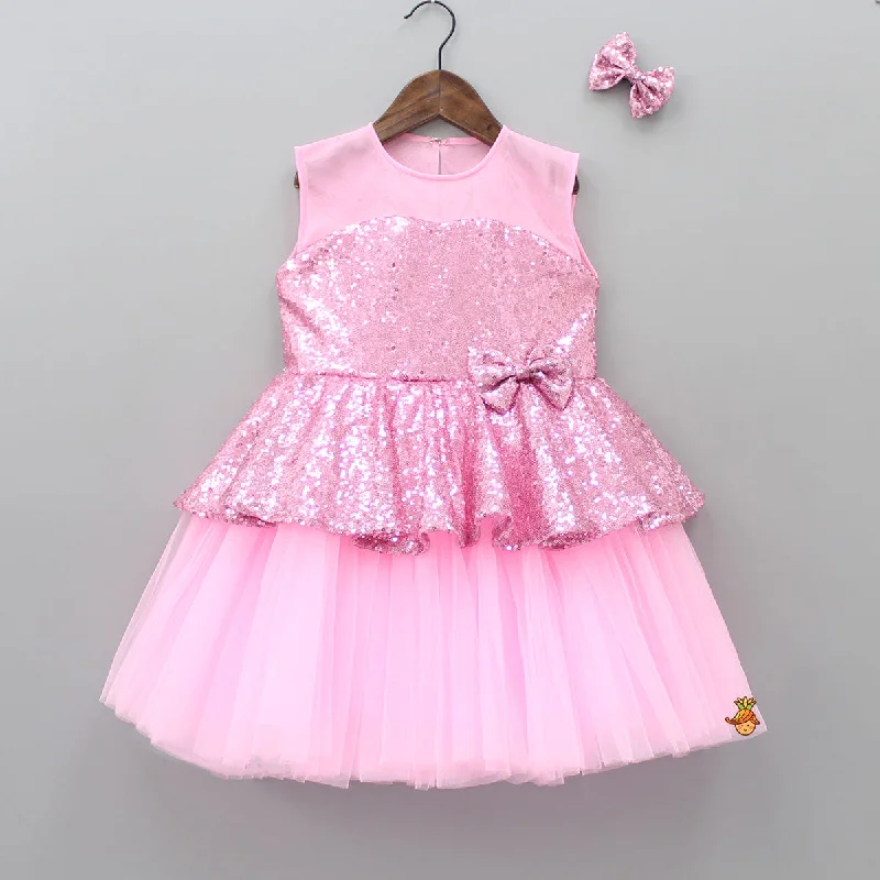 cocktail dress with high-low hem-Pink Sequin Party Wear Dress With Hairclip