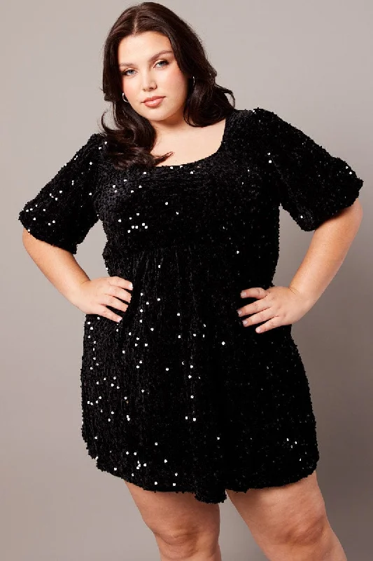 cocktail dress with draped sleeves-Black Velour Sequin Party Dress