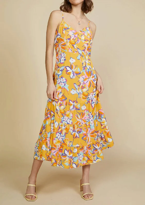 midi dress with peasant sleeves-Woven Floral Printed Midi Dress In Mango Sorbet