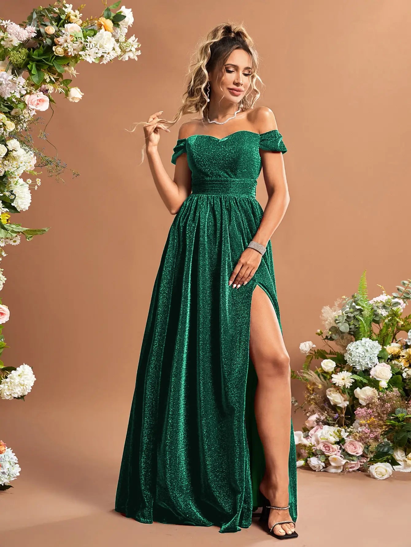 sleeveless cocktail dress-Off Shoulder High Split Glitter Fit Flare Party Dress