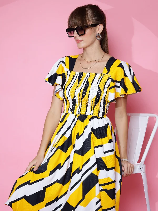 floral smocked midi dress-Woman Classic Yellow Geometric Print Fit and Flare Midi Dress