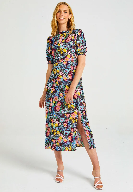 smocked waist midi dress-Short Sleeve Midi Dress With Leg Slit In Navy Floral Print