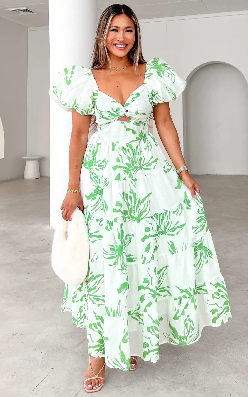 casual ribbed sleeveless maxi dress-Bretta Maxi Dress - White Green Print