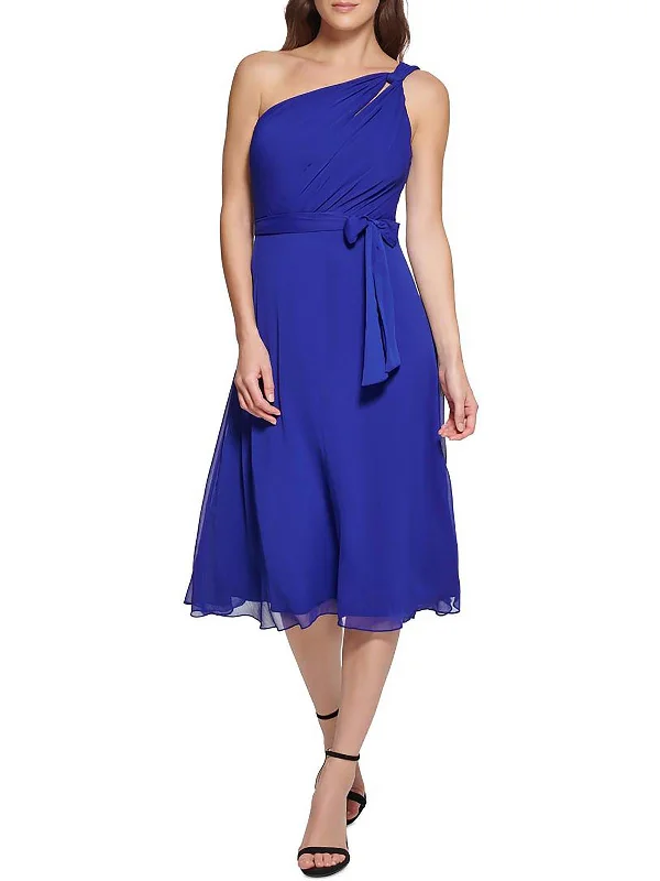 cocktail dress with off shoulder-Petites Womens Tie Waist Knee Cocktail and Party Dress