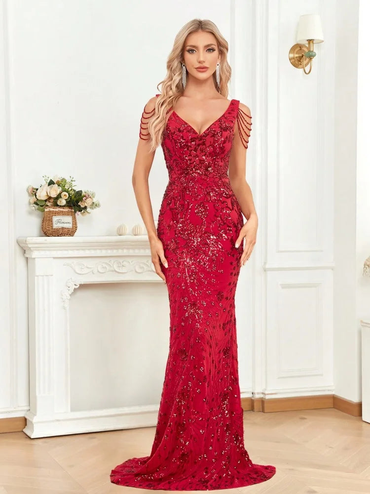 A-line cocktail dress-Red V-Neck Sequin Beading Mermaid Party Dresses