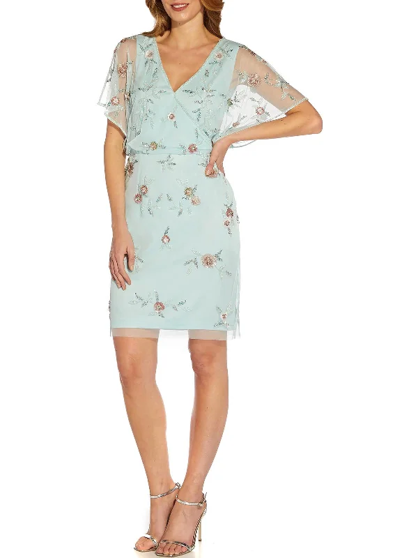 cocktail dress with ruffles-Womens Floral Embellished Cocktail and Party Dress