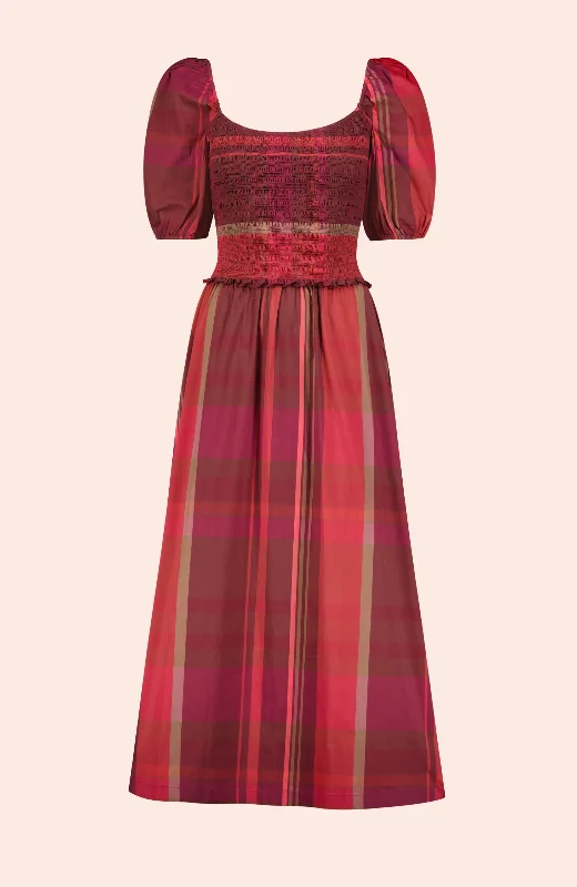 casual fit and flare midi dress-Stretch Plaid Smocked Midi Dress | Fuchsia Multi