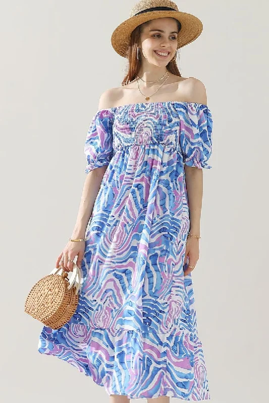 floral smocked waist maxi dress-MABLE PATTERN OFF SHOULDER FLARE MAXI DRESS