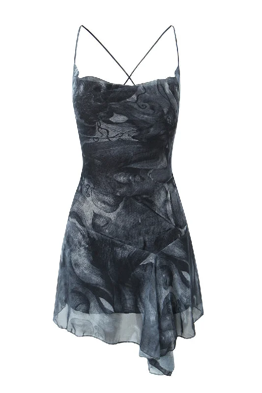 floral and lace mini dress-Straps Black Irregular Hem Printing Short Dress