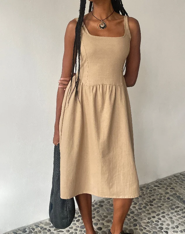 casual pullover midi dress-MOTEL X JACQUIE Pelove Drop Waist Midi Dress in Light Taupe