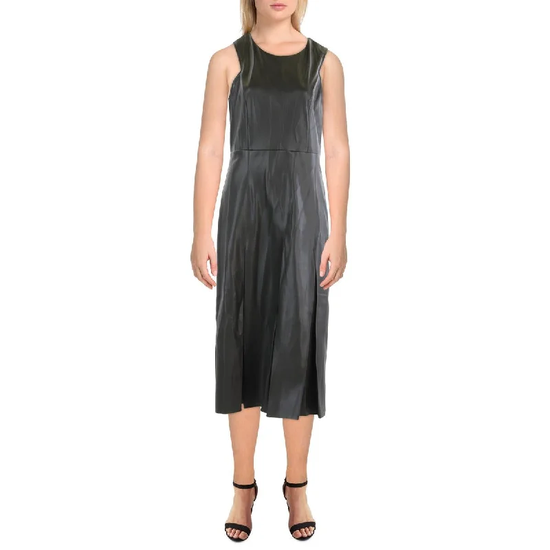 sleeveless bodycon midi dress-Womens Midi Faux Leather Fit & Flare Dress