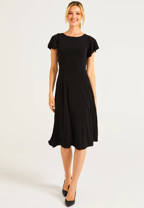 casual drawstring midi dress-Reversible Midi Dress With Flutter Sleeves & Waist Tie In Black