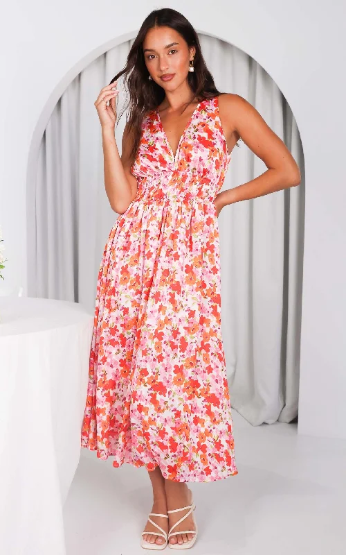 casual drawstring waist maxi dress-Monique Sleeveless Maxi Dress - Pink Multi Floral