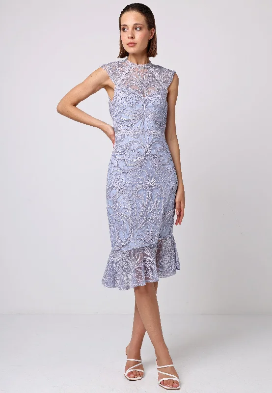 bishop sleeve midi dress-Bodycon Lace Midi Dress In Lavender