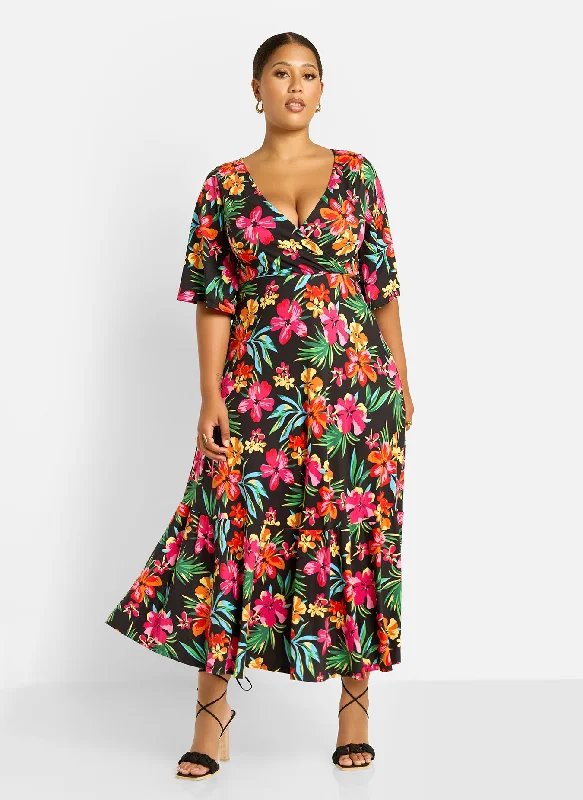 bohemian smocked maxi dress-Felina Floral Print Skater Maxi Dress