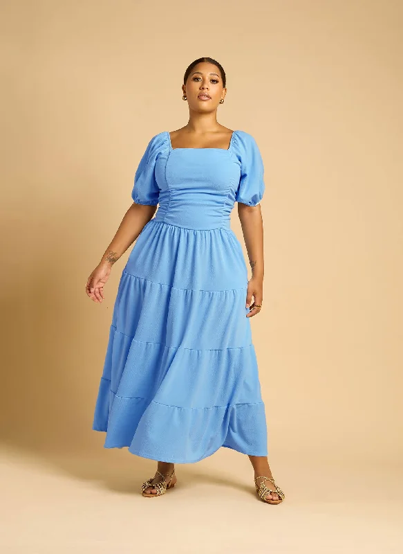 button-down tiered maxi dress-Lana Ruched Skater Maxi Dress - Blue