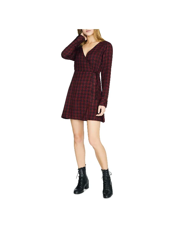 satin cocktail dress-Upbeat Womens Faux Wrap Plaid Party Dress