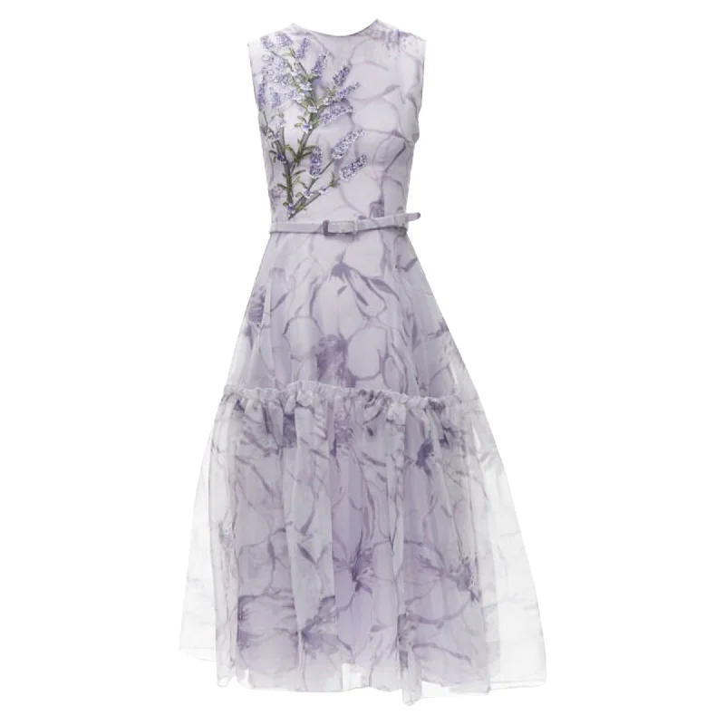 floral applique midi dress-Costarellos lilac lavender embroidery belted midi dress