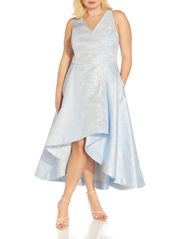 elegant evening cocktail dress-Plus Womens Metallic Tea-Length Cocktail and Party Dress