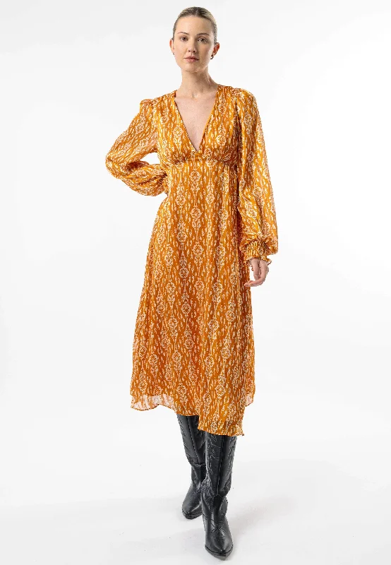 bohemian print midi dress-V-Neck Long Sleeve Midi Dress in Orange Print