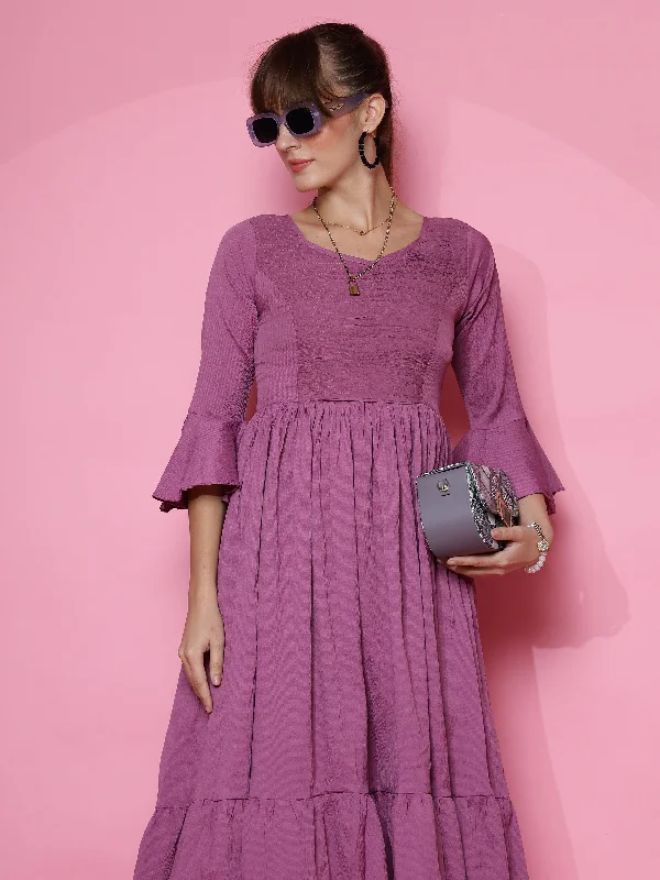 midi dress with cross straps-Women Purple Fit and Flare Midi Dress