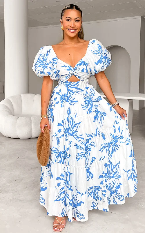 tropical print sleeveless maxi dress-Bretta Maxi Dress - White Blue Print