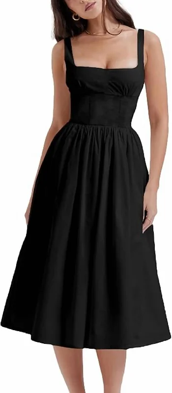 balloon sleeve midi dress-Square Neck Ruched Bust Midi Dress In Black