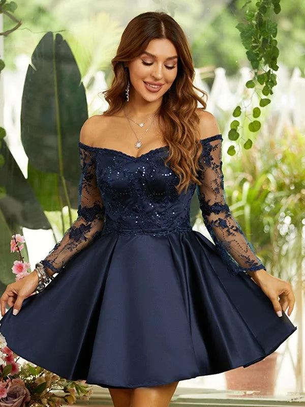 mini dress with flounce hem-A-Line/Princess Satin Lace Off-the-Shoulder Long Sleeves Short/Mini Dresses