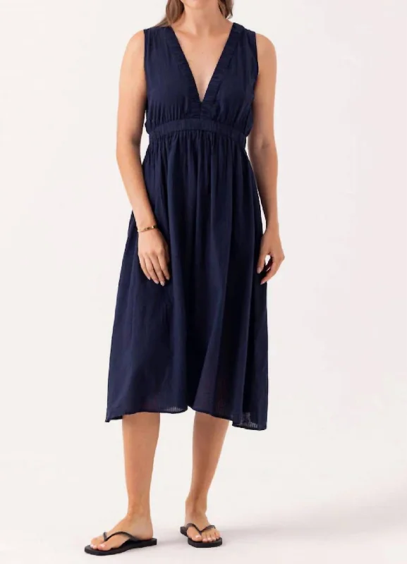 pleated skirt midi dress-Alma Midi Dress In Navy