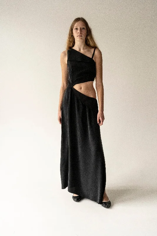 trendy long maxi dress-Black Pure Silk Katiusha Long Dress