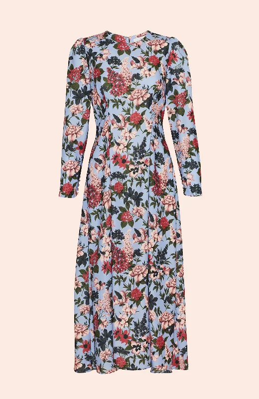 off shoulder casual midi dress-Floral Printed Crepe Midi Dress | Periwinkle Multi