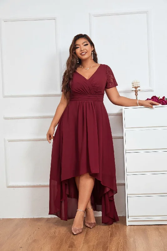 beaded cocktail dress-TastyHottie - Lace Burgundy Plus Size Asymmetrical Party Dress