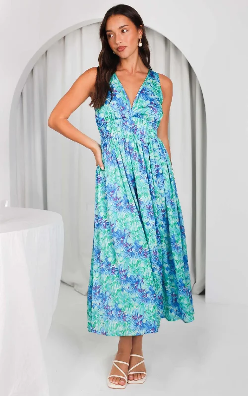 casual loose fit floral maxi dress-Monique Sleeveless Maxi Dress - Green Blue Floral