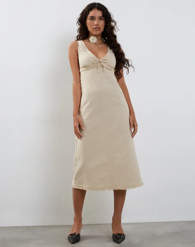 romantic lace midi dress-Antari Midi Dress in Ecru Linen