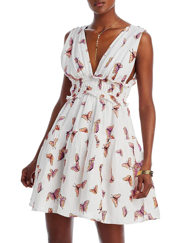 mini dress with balloon sleeves-Victoria Womens Printed Linen Mini Dress