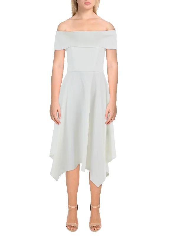 cocktail dress with draped neckline-Womens Handkerchief Hem Off-The-Shoulder Cocktail and Party Dress