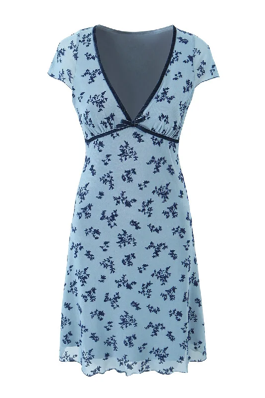 high-waist mini dress-V-neck Blue Floral Print Tulle Short Summer Dress