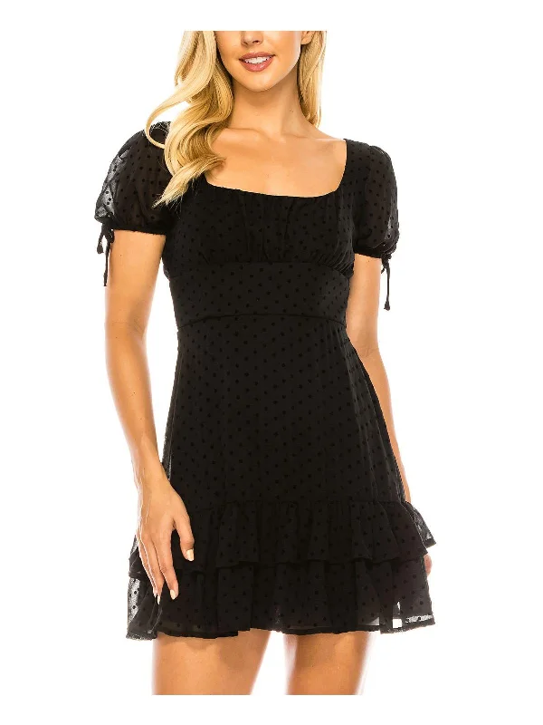 bohemian style mini dress-Juniors Womens Chiffon Velvet Pindot Fit & Flare Dress