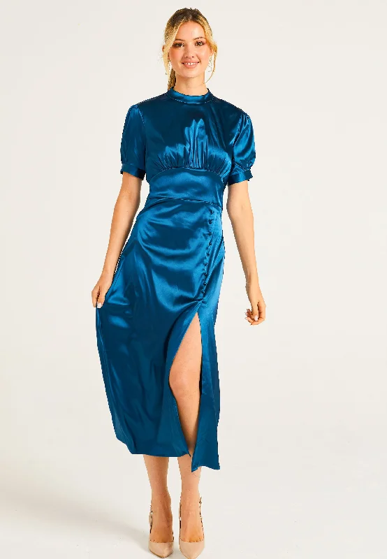 mock neck midi dress-Puff Sleeve Midi Dress With Leg Slit In Teal