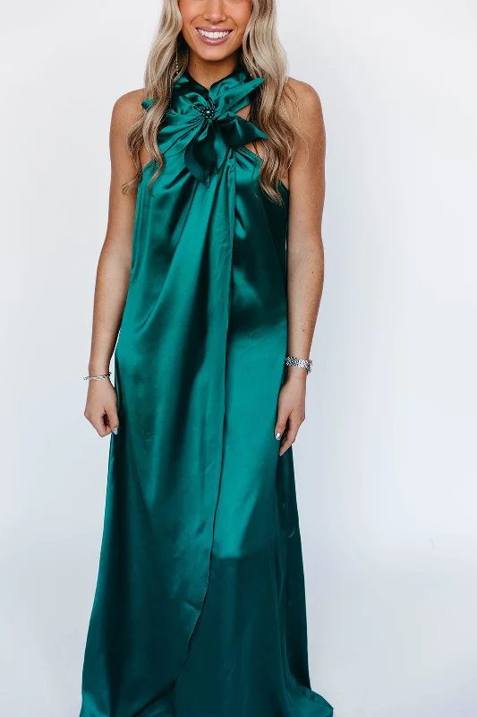 lace yoke maxi dress-Amara Maxi Dress - Emerald Green