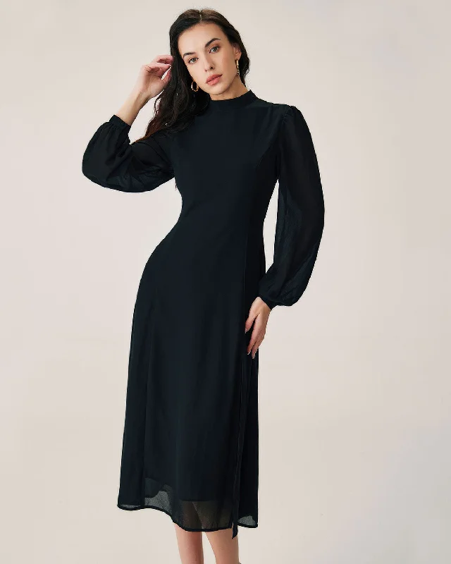 short sleeve midi dress-Black Sheer Turtleneck Flowy Midi Dress