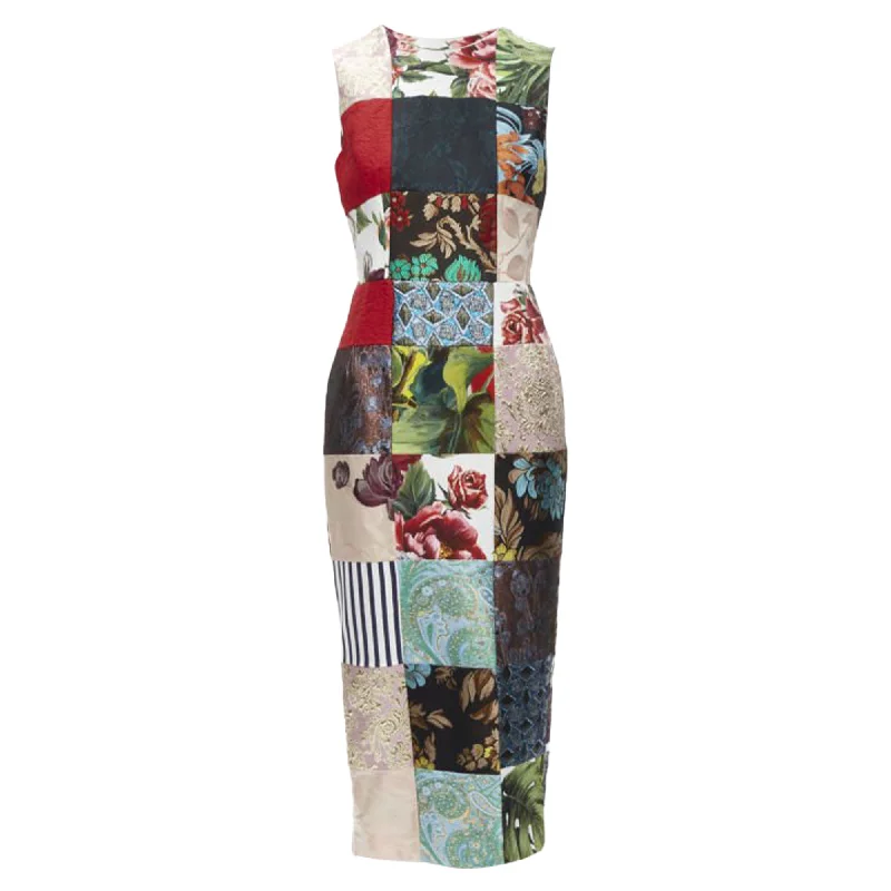 midi dress with shirred waist-Dolce & Gabbana mixed grid patchwork jacquard midi dress