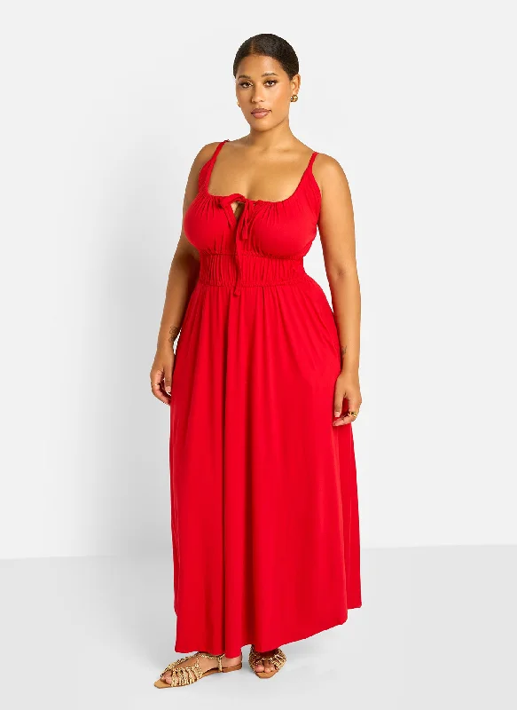 casual wrap front maxi dress-Bai Peasant Top Skater Maxi Dress - Red