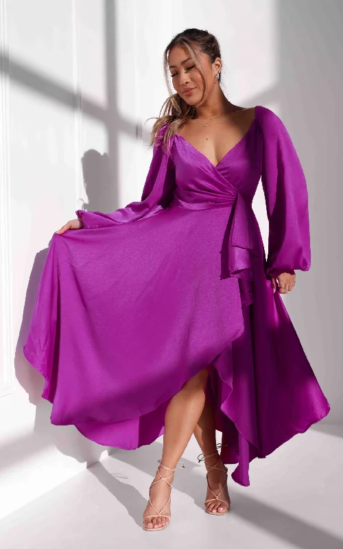 summer casual long maxi dress-Rossetti Long Sleeve Wrap Maxi Dress - Purple Pink