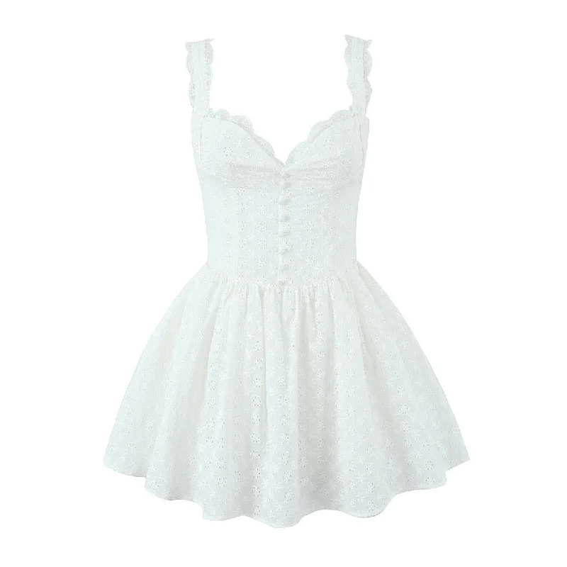 mini dress with puff shoulders-Straps White Lace Button Front Short Dress