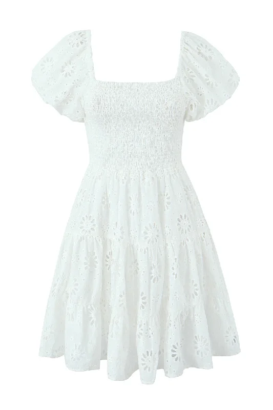 scoop back mini dress-Puff Sleeves White Embroidery Cotton Short Dress