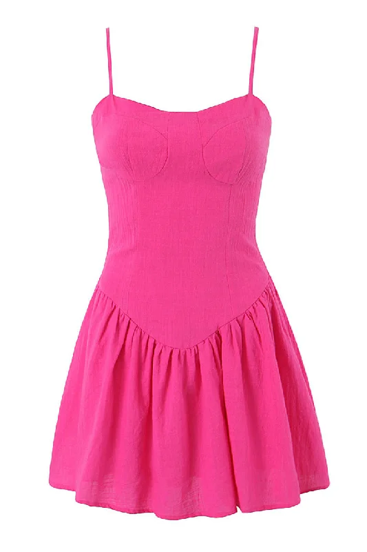 ribbed knit mini dress-Spaghetti Straps Hot Pink Ruched Short Dress