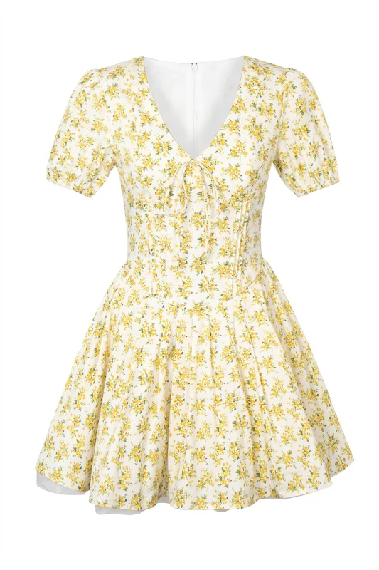 mini dress with lace-Short Sleeves Yellow Floral Print Short Dress